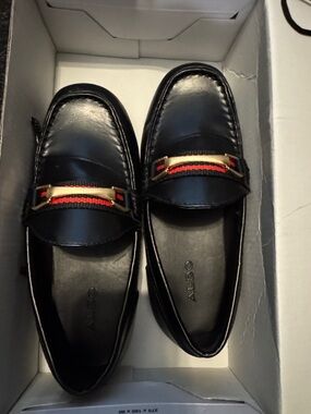ALDO Black Leather Slip-On Loafers with Red and Gold Accent